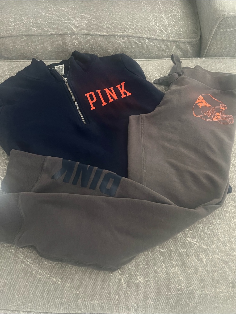 PINK Victoria's Secret Denver Broncos Navy & Gray Sweatpants with Orange Logo